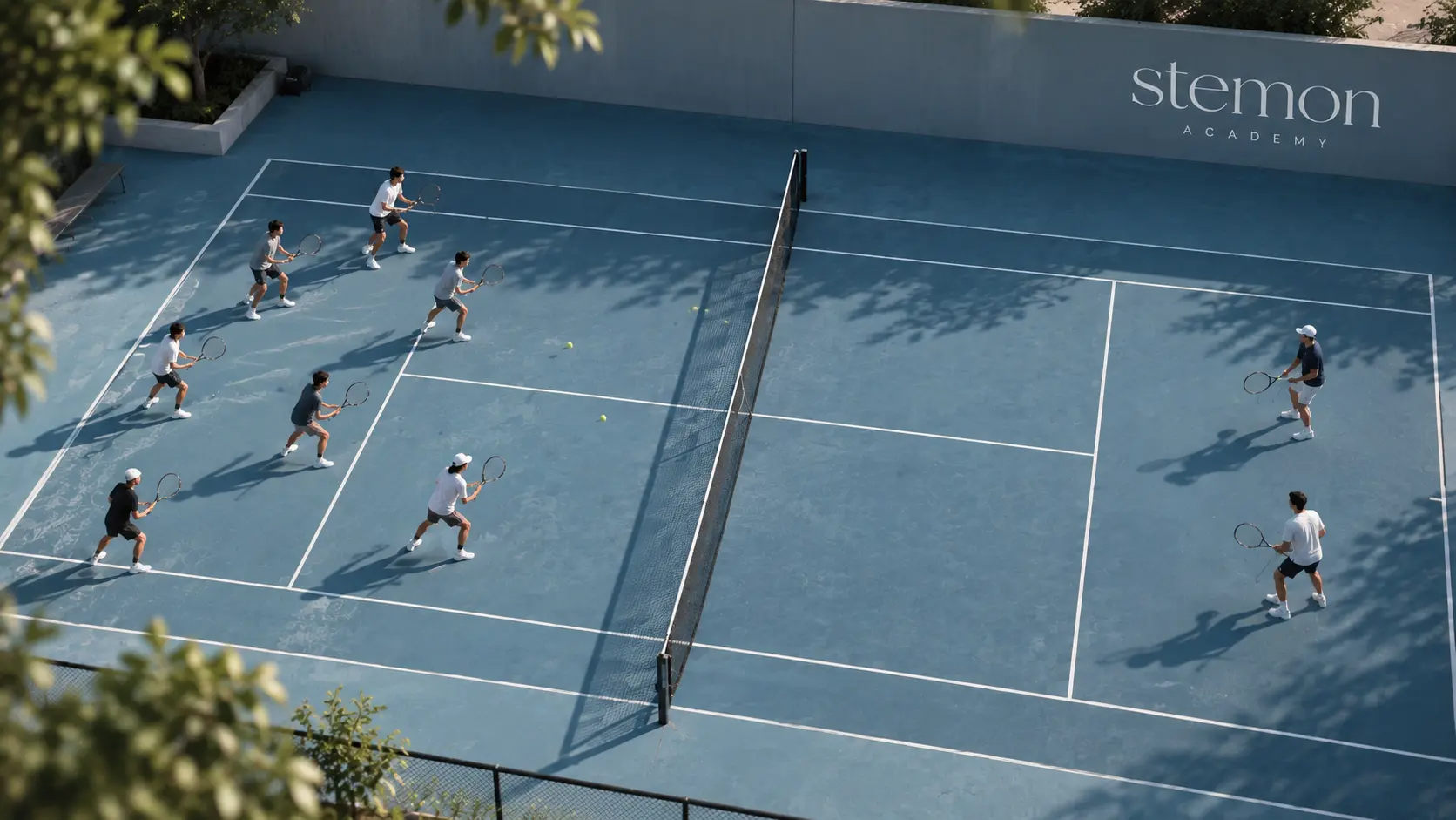 STEMON players training together on a blue tennis court