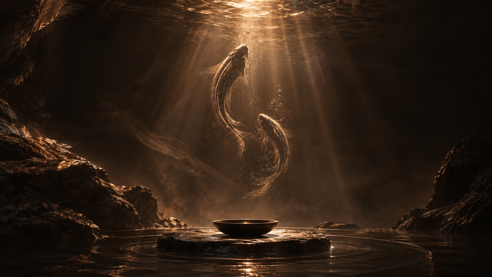 A dark stone chamber with a circular pool, a shaft of daylight from above and two koi descending toward the centre